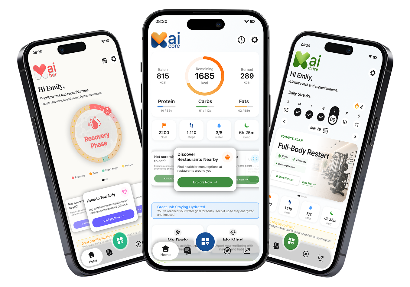 The Kai Her, Kai Core and Kai Thrive apps shown side by side